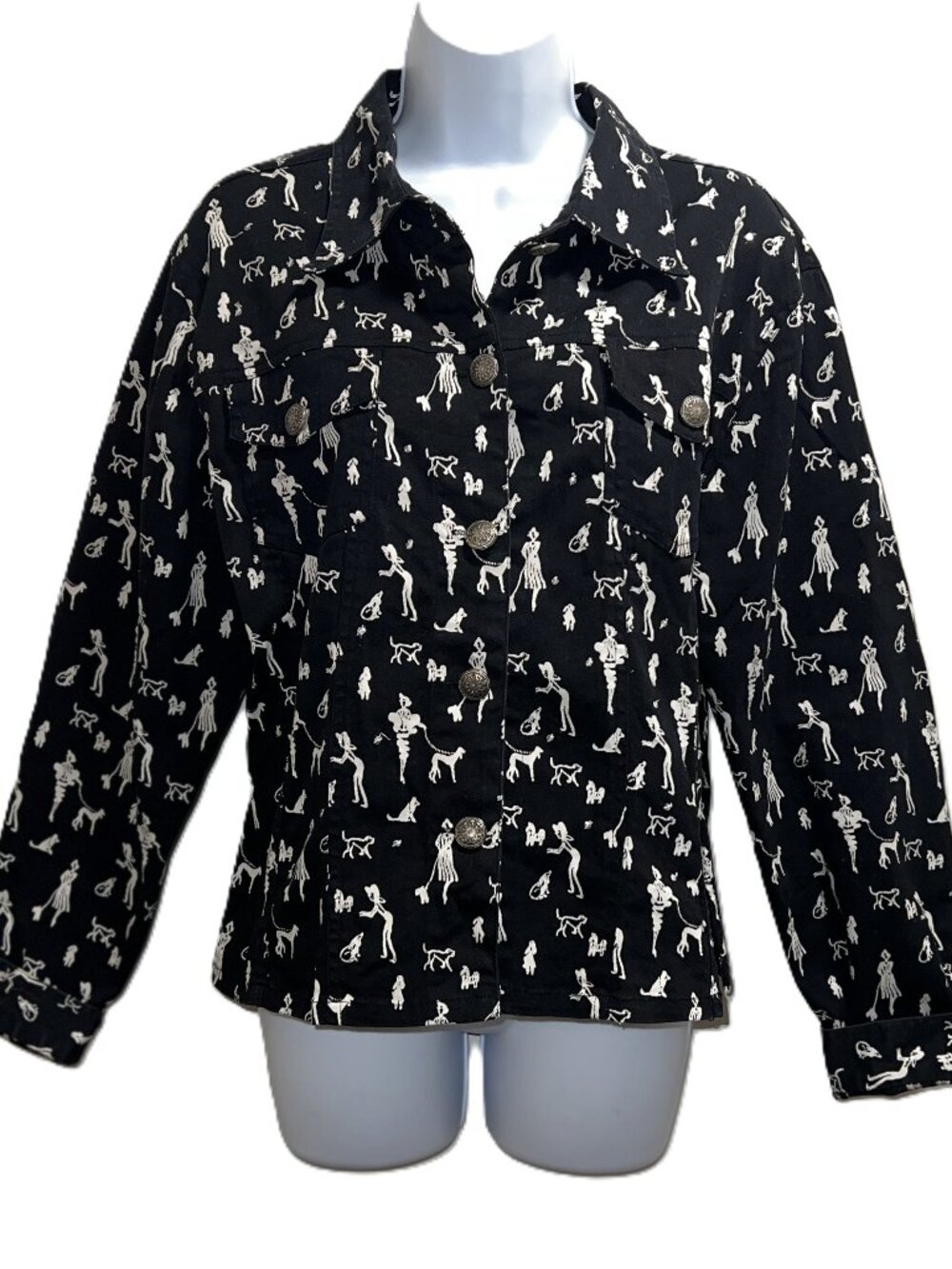 VTG 90s Whimsical New Identity Jacket Black/White Ladies & Dogs Pattern Size XL
